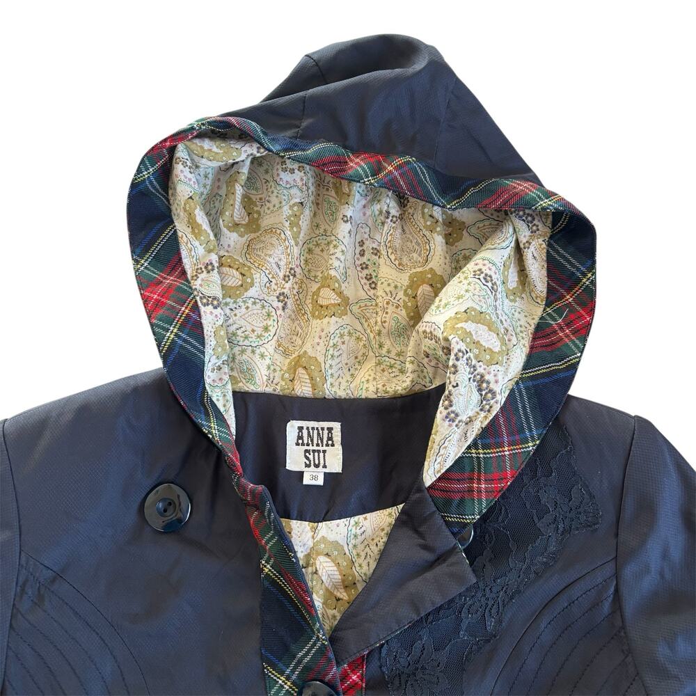 Anna Sui Retro Navy Blue Tartan and Lace Hooded Rain Coat Women’s 38 Small Y2K - Picture 5 of 8